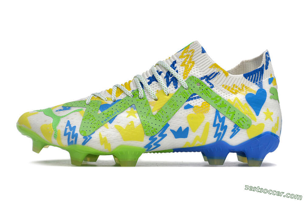 Puma Future Ultimate DNA FG Low-Tops Soccer Cleats - White/Blue/Yellow/Green 2
