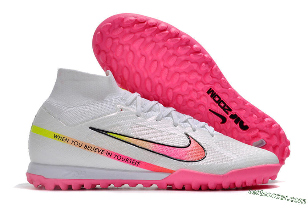 Nike Air Zoom Mercurial Superfly 9 Elite TF High-Tops Soccer Shoes - White/Pink/Black/Green 0