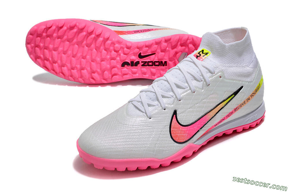 Nike Air Zoom Mercurial Superfly 9 Elite TF High-Tops Soccer Shoes - White/Pink/Black/Green 3