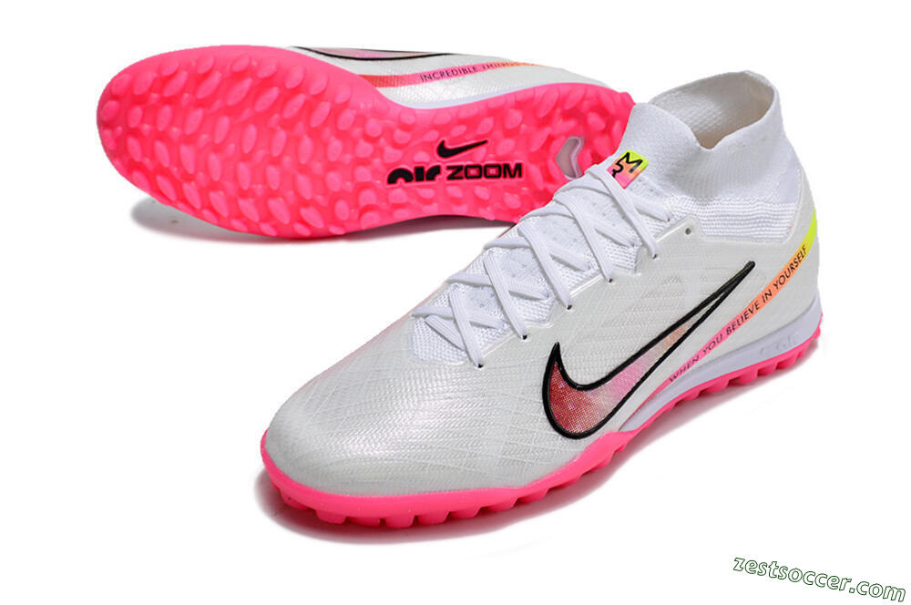 Nike Air Zoom Mercurial Superfly 9 Elite TF High-Tops Soccer Shoes - White/Pink/Black/Yellow 3