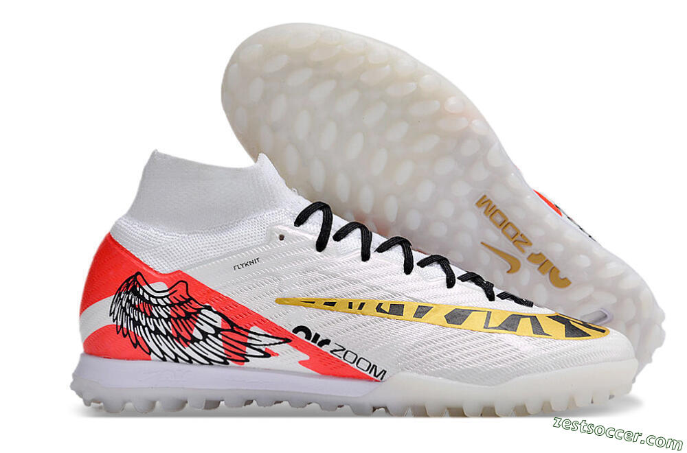 Nike Air Zoom Mercurial Superfly 9 Elite TF High-Tops Soccer Shoes - White/Red/Gold 0