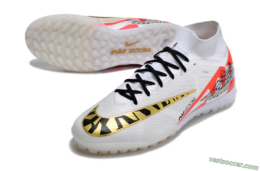 Nike Air Zoom Mercurial Superfly 9 Elite TF High-Tops Soccer Shoes - White/Red/Gold 3