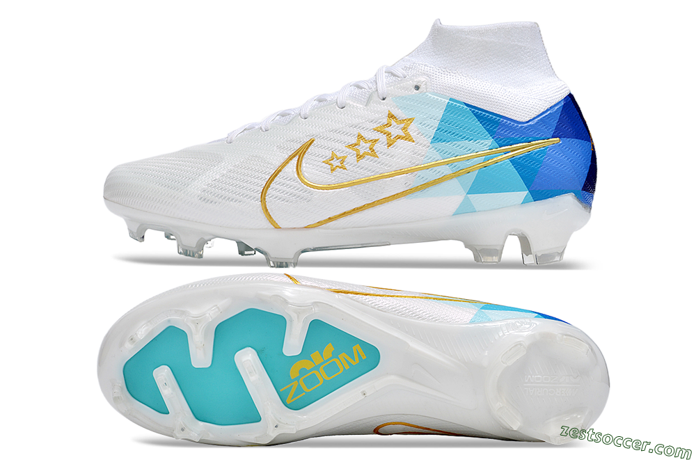 Nike Air Zoom Mercurial Superfly 9 Elite FG High-Tops Soccer Cleats - White/Blue/Gold 1