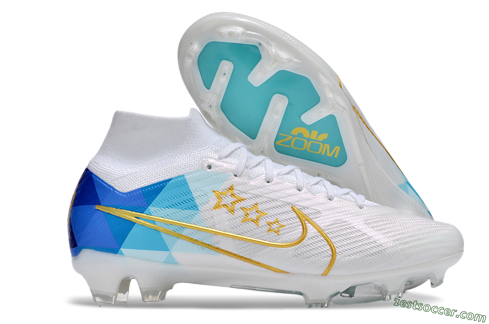 Nike Air Zoom Mercurial Superfly 9 Elite FG High-Tops Soccer Cleats - White/Blue/Gold 0
