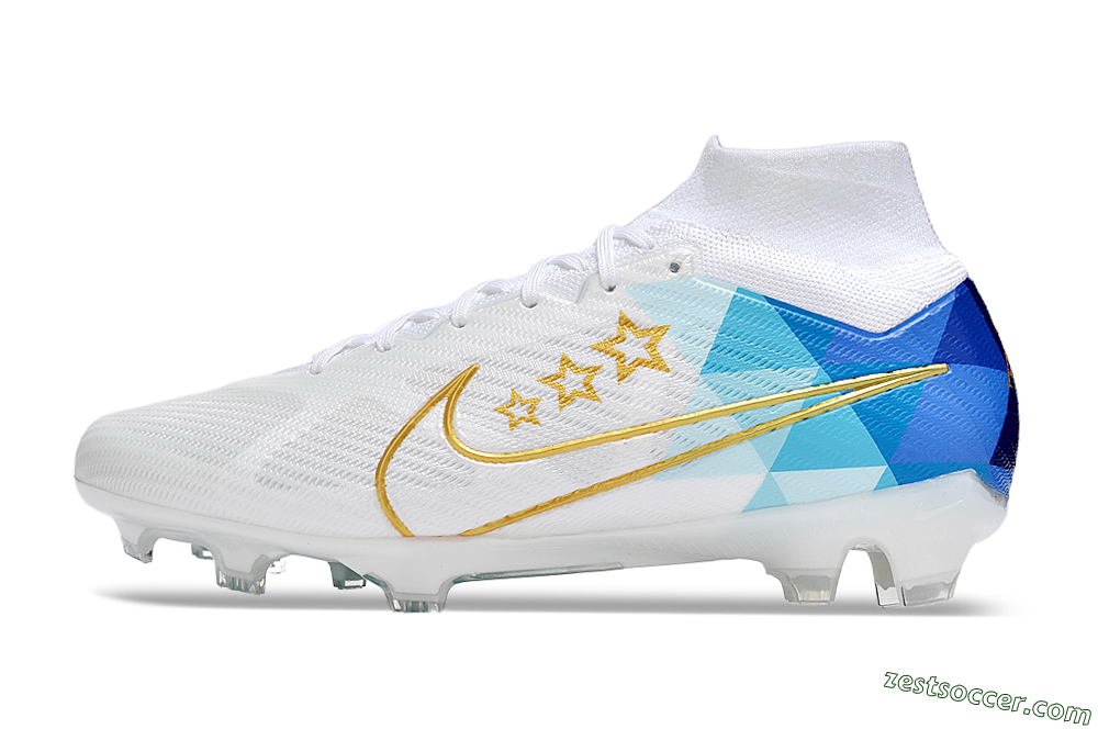 Nike Air Zoom Mercurial Superfly 9 Elite FG High-Tops Soccer Cleats - White/Blue/Gold 2