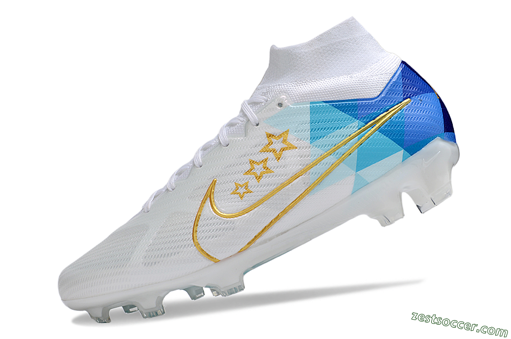 Nike Air Zoom Mercurial Superfly 9 Elite FG High-Tops Soccer Cleats - White/Blue/Gold 5