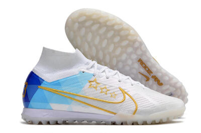 Nike Air Zoom Mercurial Superfly 9 Elite TF High-Tops Soccer Shoes - White/Gold/Blue
