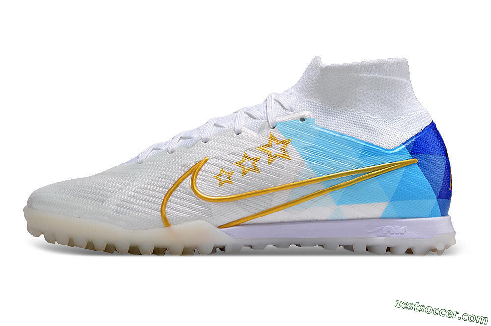 Nike Air Zoom Mercurial Superfly 9 Elite TF High-Tops Soccer Shoes - White/Gold/Blue 2