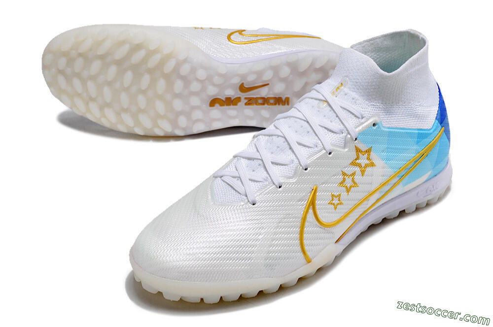 Nike Air Zoom Mercurial Superfly 9 Elite TF High-Tops Soccer Shoes - White/Gold/Blue 3