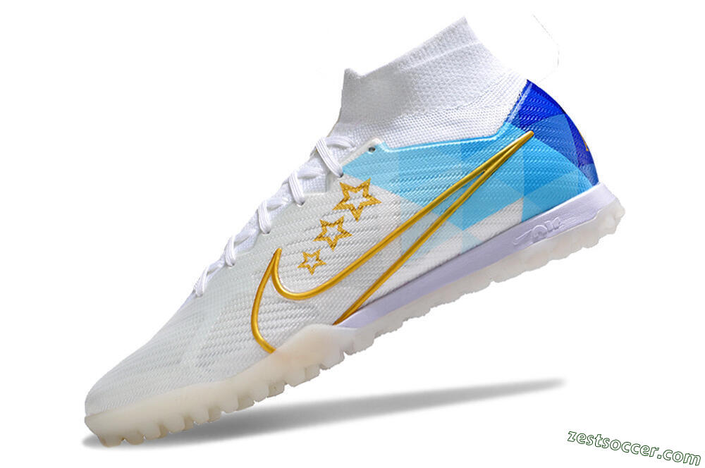 Nike Air Zoom Mercurial Superfly 9 Elite TF High-Tops Soccer Shoes - White/Gold/Blue 5