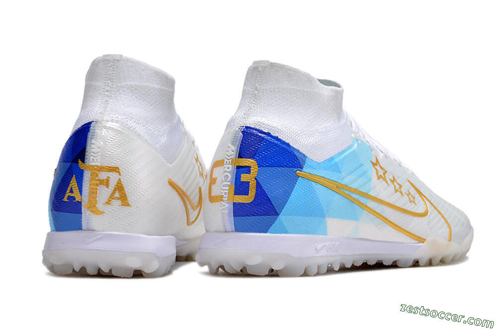 Nike Air Zoom Mercurial Superfly 9 Elite TF High-Tops Soccer Shoes - White/Gold/Blue 6