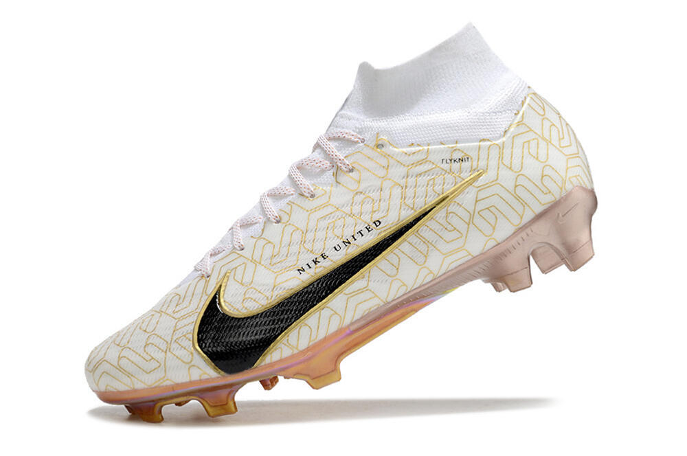 Nike Air Zoom Mercurial Superfly 9 Elite MR FG High-Tops Soccer Cleats - White/Black/Gold 5