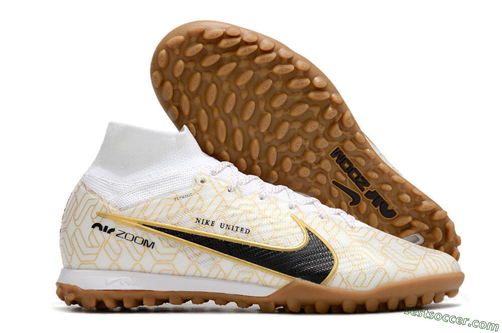 Nike Air Zoom Mercurial Superfly 9 Elite TF High-Tops Soccer Shoes - White/Black/Gold 0