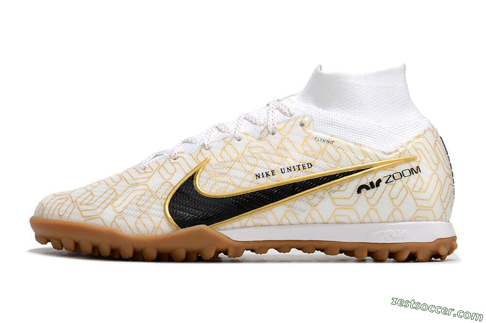 Nike Air Zoom Mercurial Superfly 9 Elite TF High-Tops Soccer Shoes - White/Black/Gold 2