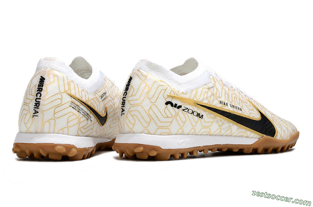 Nike Air Zoom Mercurial Vapor 15 Elite TF Low-Tops Soccer Shoes - White/Black/Gold 6