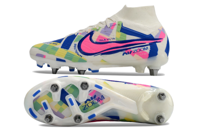 Nike Air Zoom Mercurial Superfly 9 Elite SG High-Tops Soccer Cleats - White/Pink/Blue/Yellow