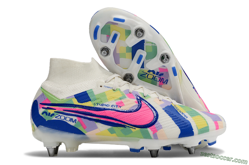 Nike Air Zoom Mercurial Superfly 9 Elite SG High-Tops Soccer Cleats - White/Pink/Blue/Yellow 0