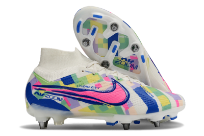 Nike Air Zoom Mercurial Superfly 9 Elite SG High-Tops Soccer Cleats - White/Pink/Blue/Yellow