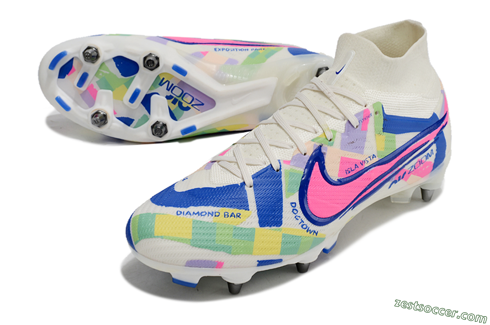 Nike Air Zoom Mercurial Superfly 9 Elite SG High-Tops Soccer Cleats - White/Pink/Blue/Yellow 3