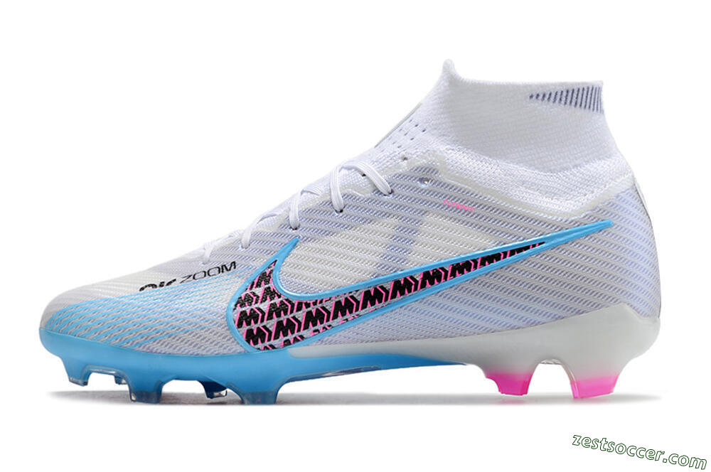 Nike Air Zoom Mercurial Superfly 9 Elite FG High-Tops Soccer Cleats - White/Blue/Pink 2