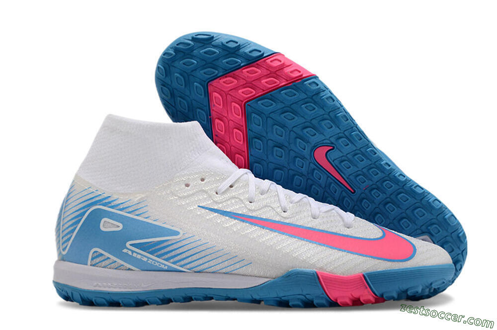 Nike Air Zoom Mercurial Superfly 10 Elite TF High-Tops Soccer Shoes - White/Pink/Blue 0