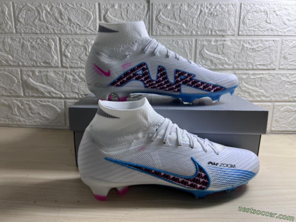 Nike Air Zoom Mercurial Superfly 9 Elite FG High-Tops Soccer Cleats - White/Blue/Pink