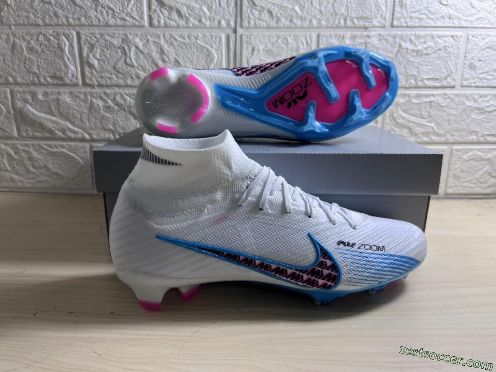 Nike Air Zoom Mercurial Superfly 9 Elite FG High-Tops Soccer Cleats - White/Blue/Pink