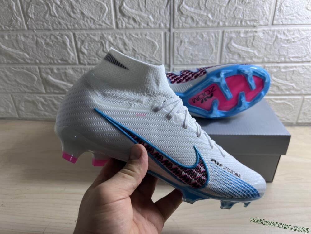Nike Air Zoom Mercurial Superfly 9 Elite FG High-Tops Soccer Cleats - White/Blue/Pink
