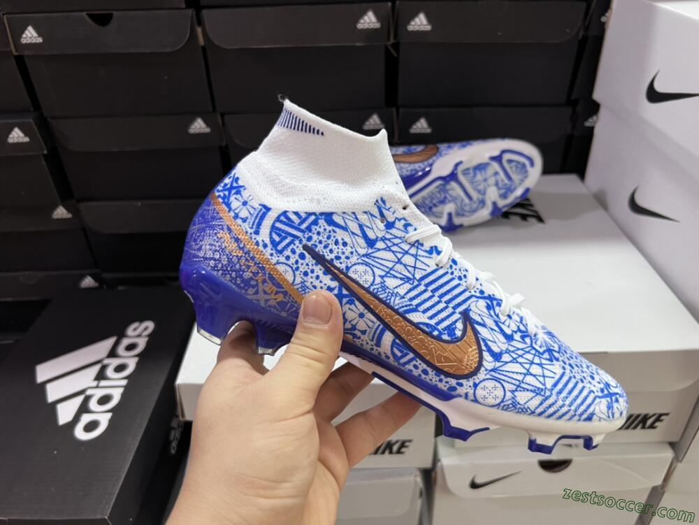 Nike Air Zoom Mercurial Superfly 9 Elite FG High-Tops Soccer Cleats - White/Blue/Red