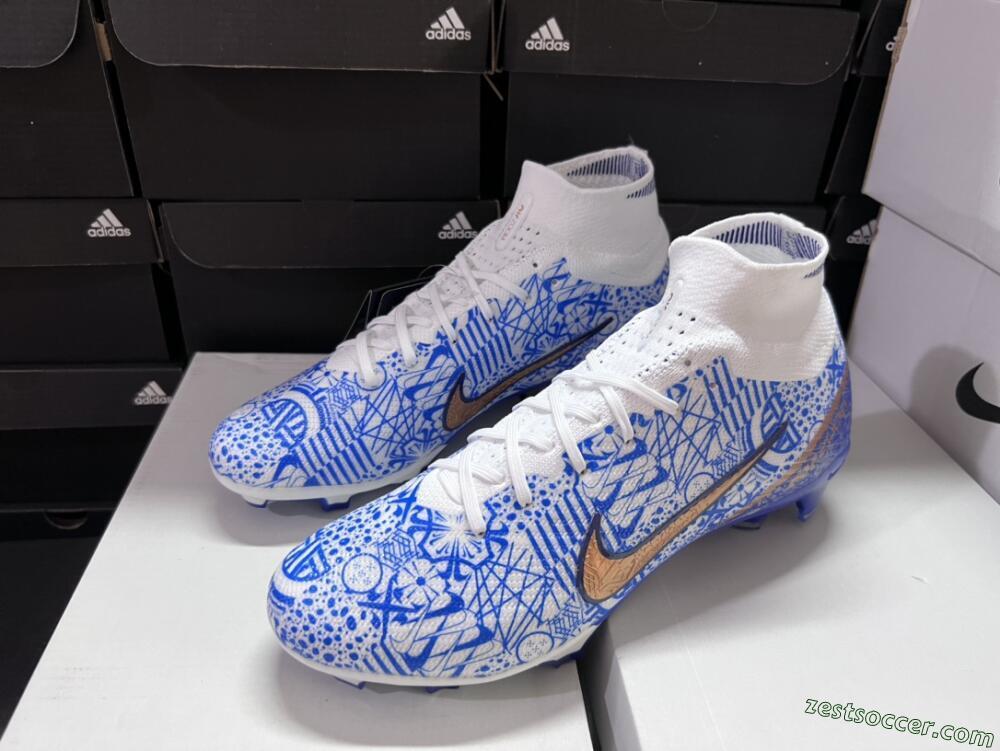 Nike Air Zoom Mercurial Superfly 9 Elite FG High-Tops Soccer Cleats - White/Blue/Red