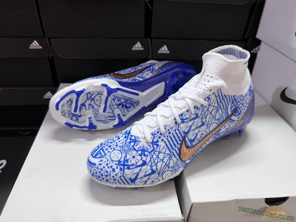 Nike Air Zoom Mercurial Superfly 9 Elite FG High-Tops Soccer Cleats - White/Blue/Red