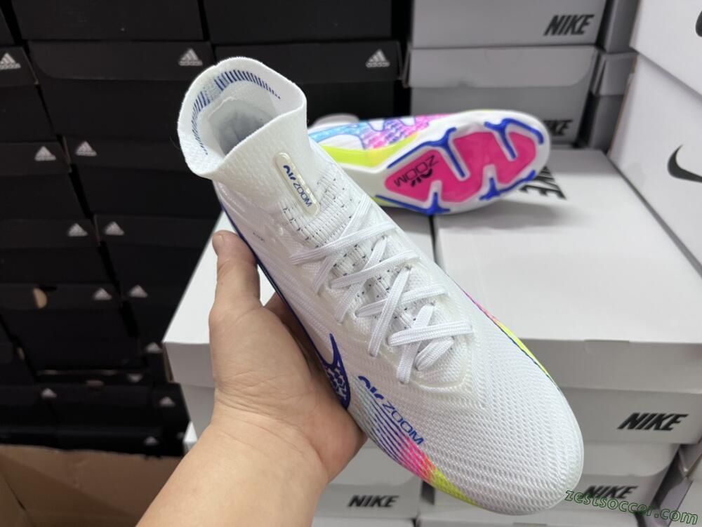 Nike Air Zoom Mercurial Superfly 9 Elite FG High-Tops Soccer Cleats - White/Pink/Blue