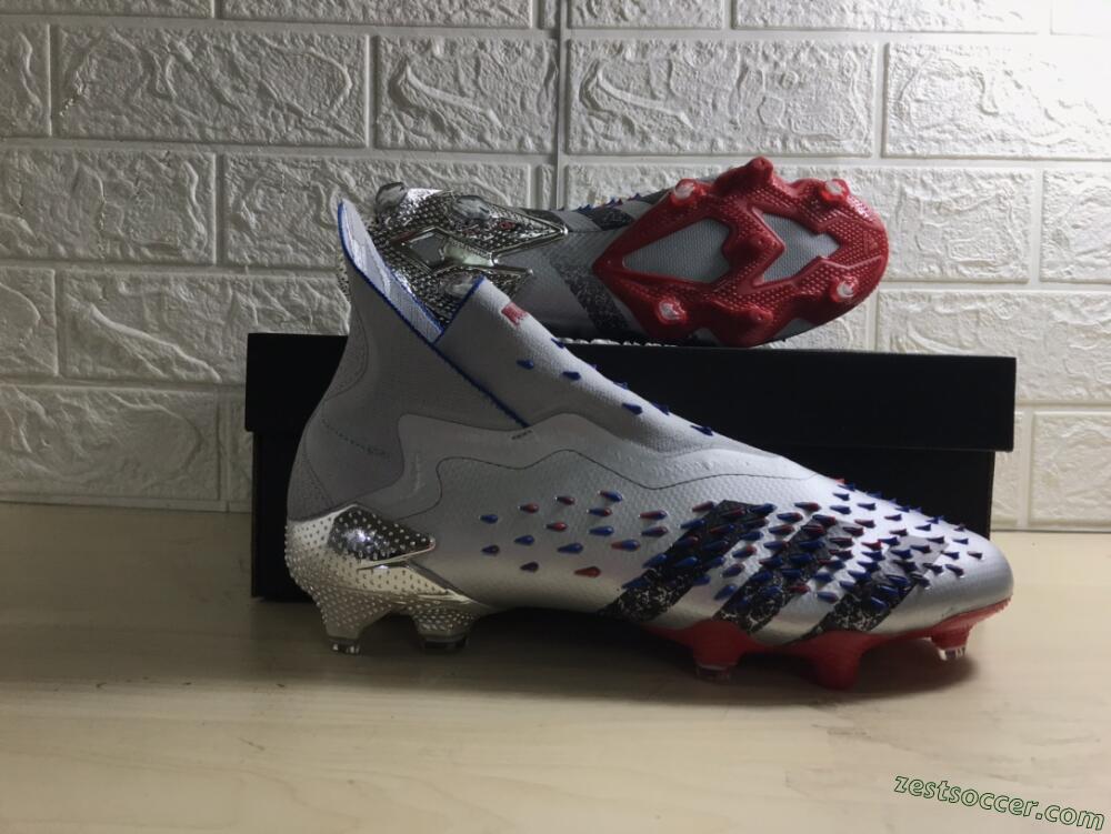 Adidas Predator Freak+ FG High-Tops Soccer Cleats - Silver/Black/Blue/Red