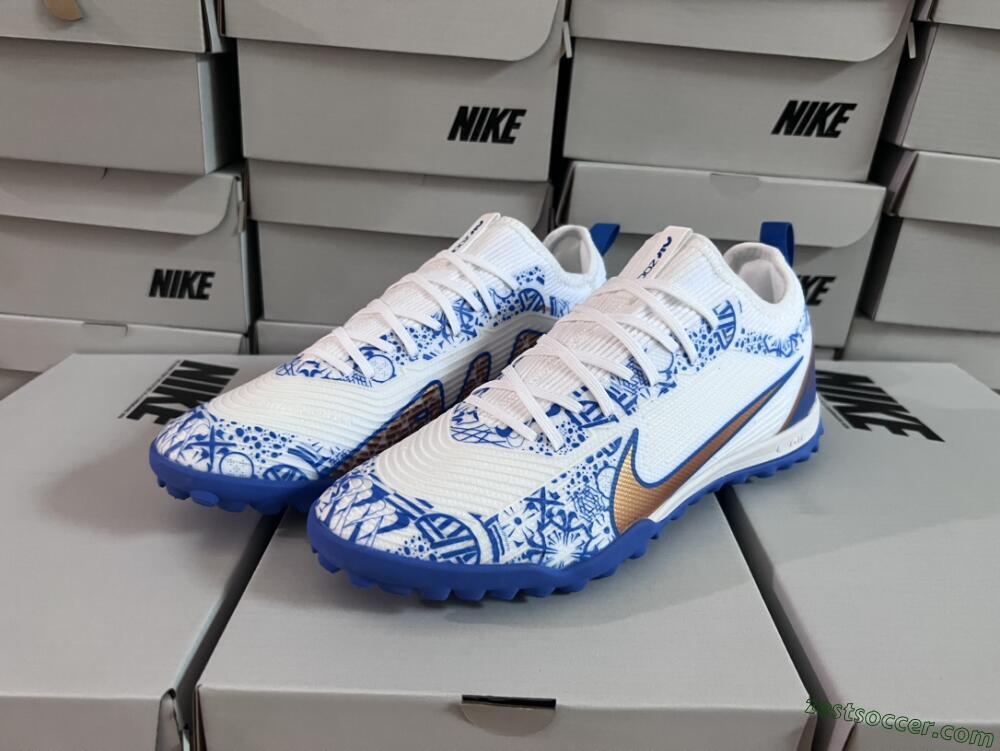 Nike Air Zoom Mercurial Vapor 15 Pro TF Low-Tops Soccer Shoes - White/Blue/Gold