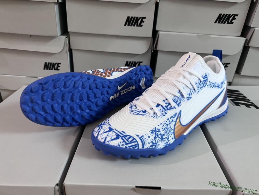 Nike Air Zoom Mercurial Vapor 15 Pro TF Low-Tops Soccer Shoes - White/Blue/Gold