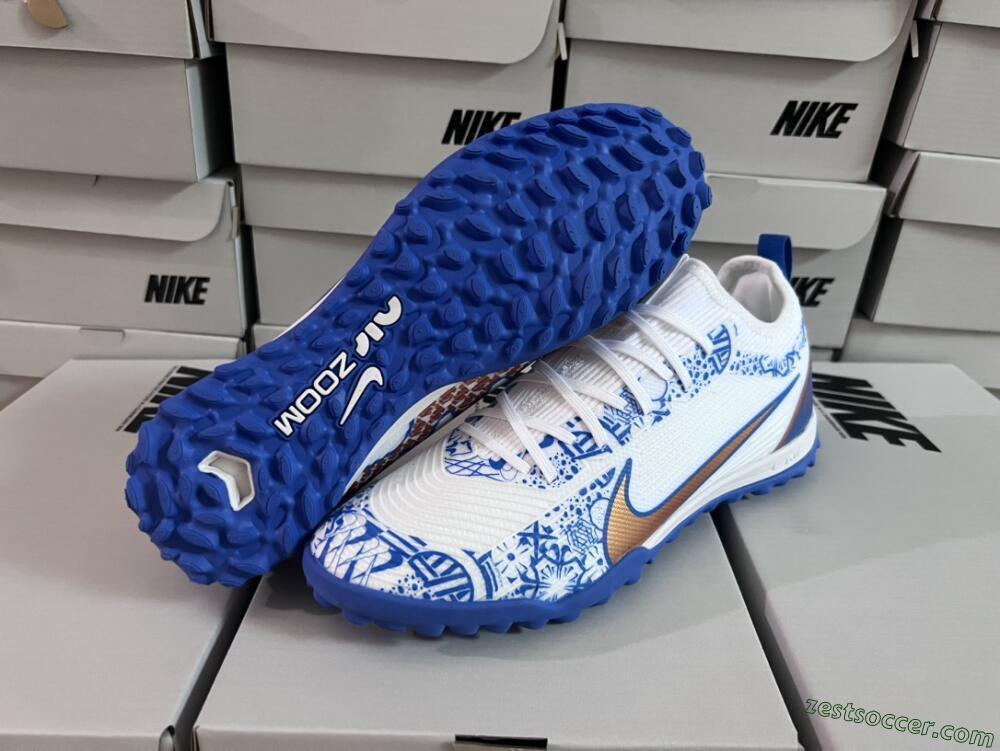 Nike Air Zoom Mercurial Vapor 15 Pro TF Low-Tops Soccer Shoes - White/Blue/Gold
