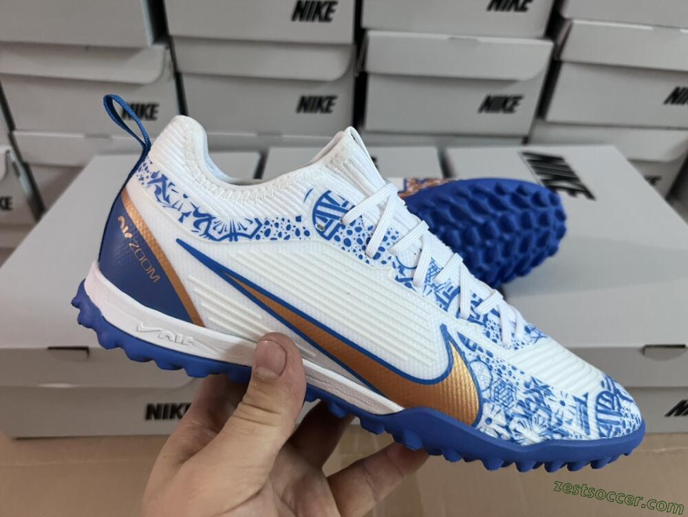 Nike Air Zoom Mercurial Vapor 15 Pro TF Low-Tops Soccer Shoes - White/Blue/Gold