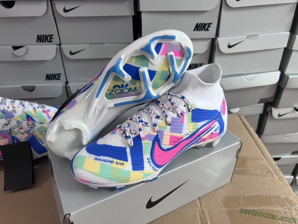 Nike Air Zoom Mercurial Superfly 9 Elite FG High-Tops Soccer Cleats - White/Rainbow