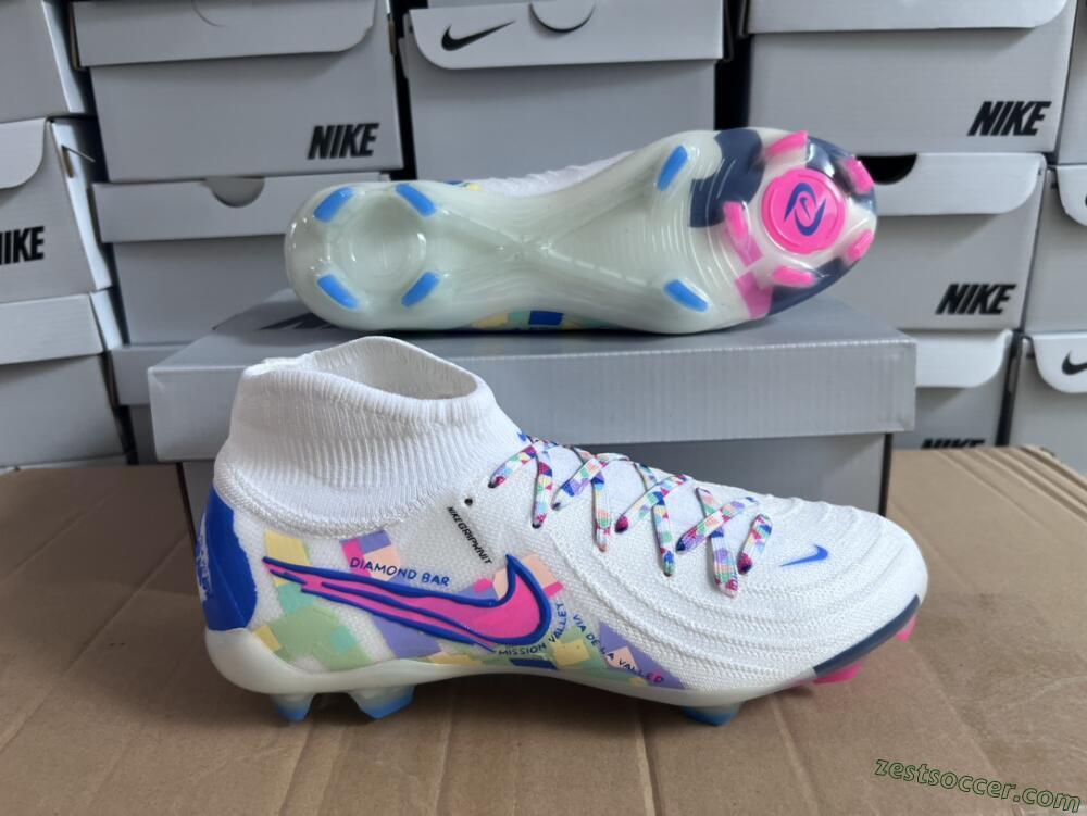 Nike Phantom Luna Elite NU FG High-Tops Soccer Cleats - Beige/Blue/Yellow/Pink