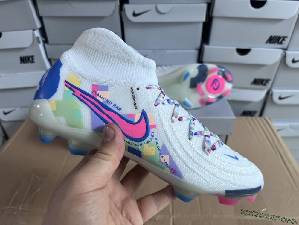 Nike Phantom Luna Elite NU FG High-Tops Soccer Cleats - Beige/Blue/Yellow/Pink