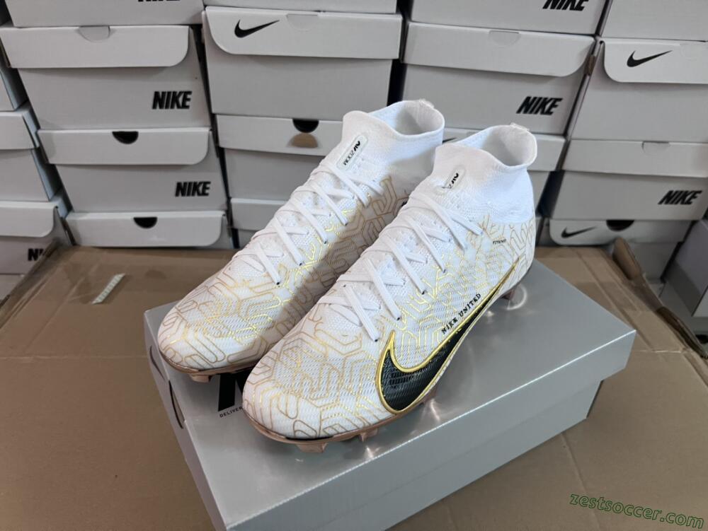Nike Air Zoom Mercurial Superfly 9 Elite MR FG High-Tops Soccer Cleats - White/Black/Gold