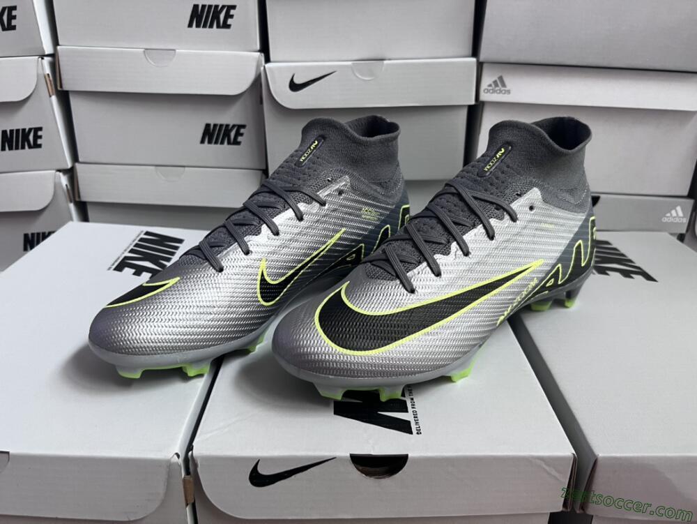 Nike Air Zoom Mercurial Superfly 9 Elite FG High-Tops Soccer Cleats - Silver/Grey/Green