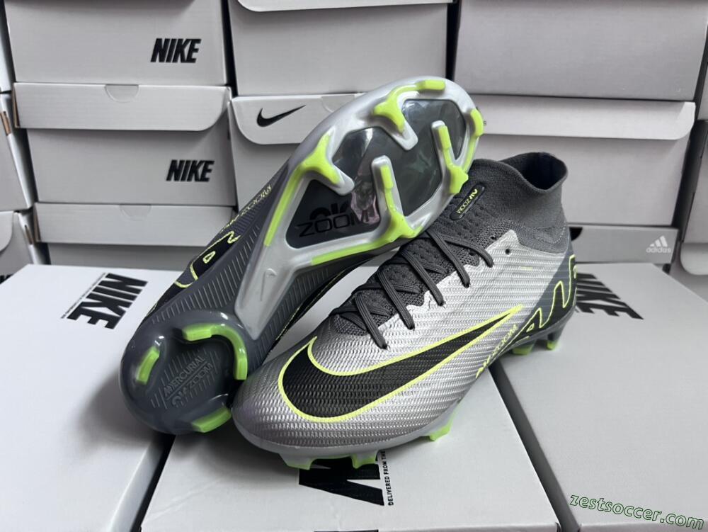 Nike Air Zoom Mercurial Superfly 9 Elite FG High-Tops Soccer Cleats - Silver/Grey/Green