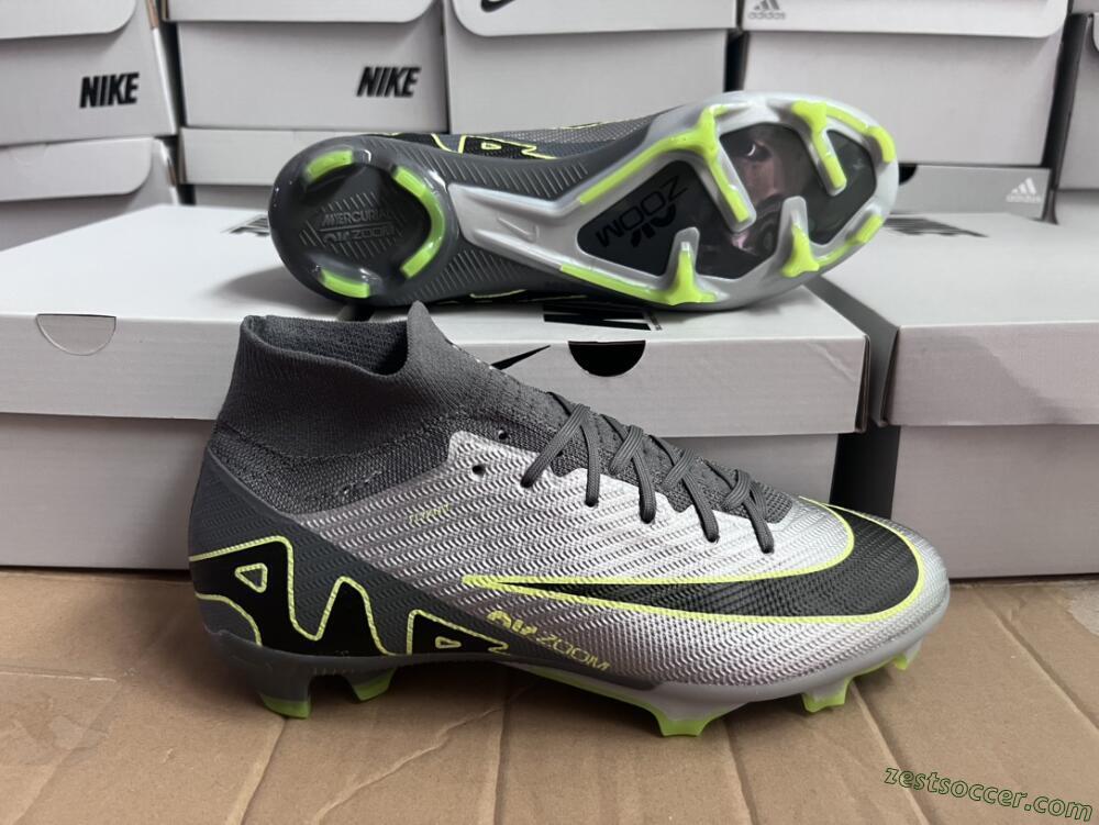 Nike Air Zoom Mercurial Superfly 9 Elite FG High-Tops Soccer Cleats - Silver/Grey/Green
