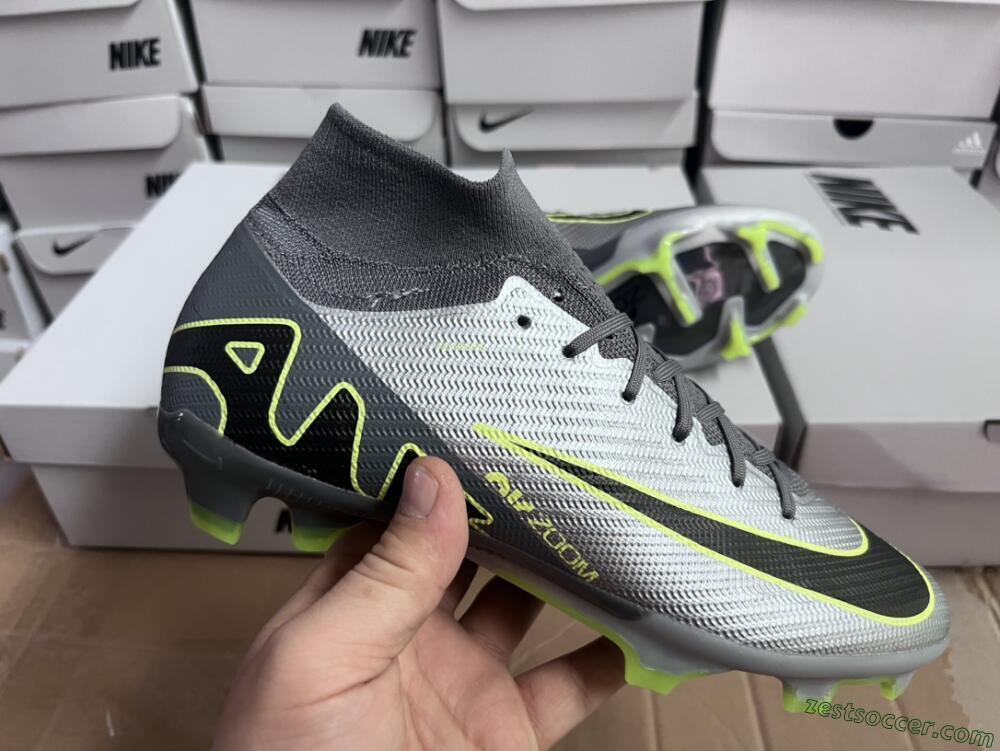 Nike Air Zoom Mercurial Superfly 9 Elite FG High-Tops Soccer Cleats - Silver/Grey/Green
