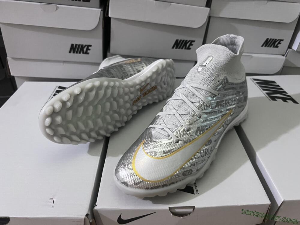 Nike Air Zoom Mercurial Superfly 9 Elite TF High-Tops Soccer Shoes - Silver/Gold