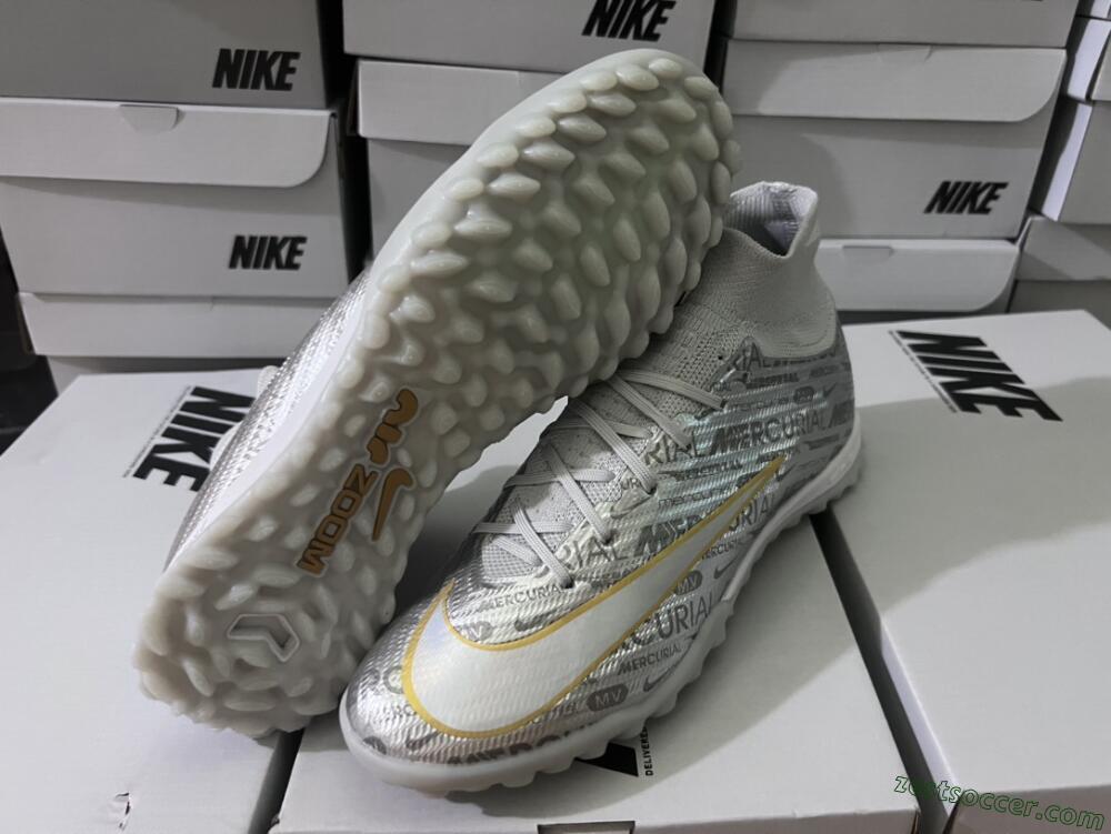 Nike Air Zoom Mercurial Superfly 9 Elite TF High-Tops Soccer Shoes - Silver/Gold