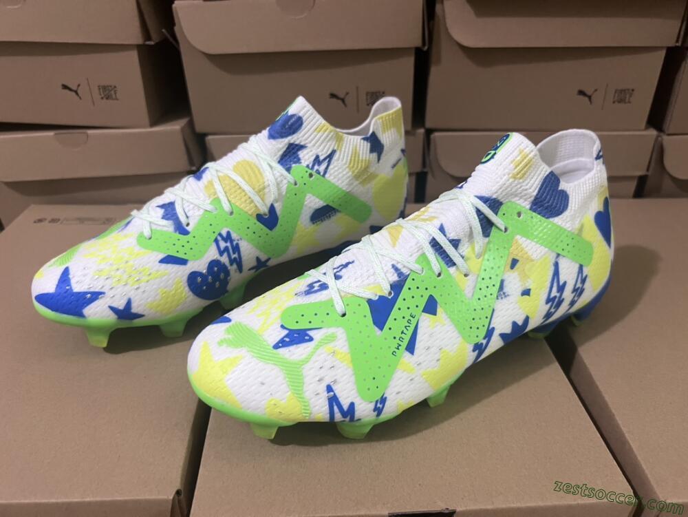 Puma Future Ultimate DNA FG Low-Tops Soccer Cleats - White/Blue/Yellow/Green