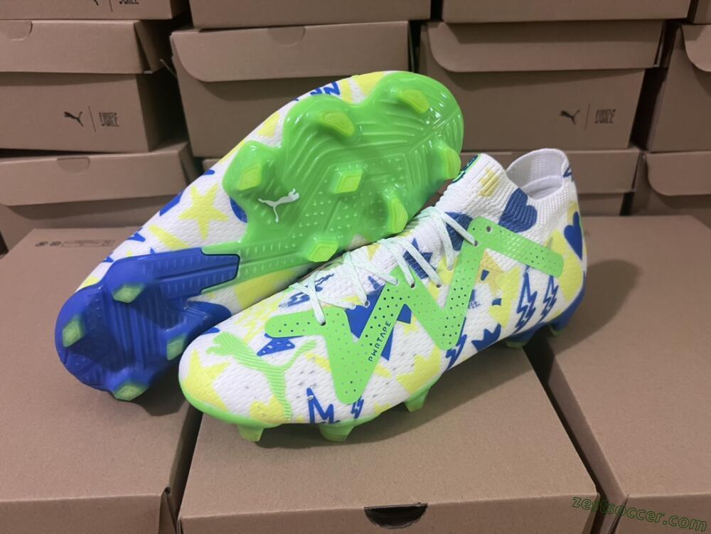 Puma Future Ultimate DNA FG Low-Tops Soccer Cleats - White/Blue/Yellow/Green