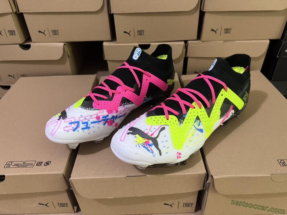 Puma Future X Powercat Tokyo Match FG Low-Tops Soccer Cleats - White/Black/Green/Pink